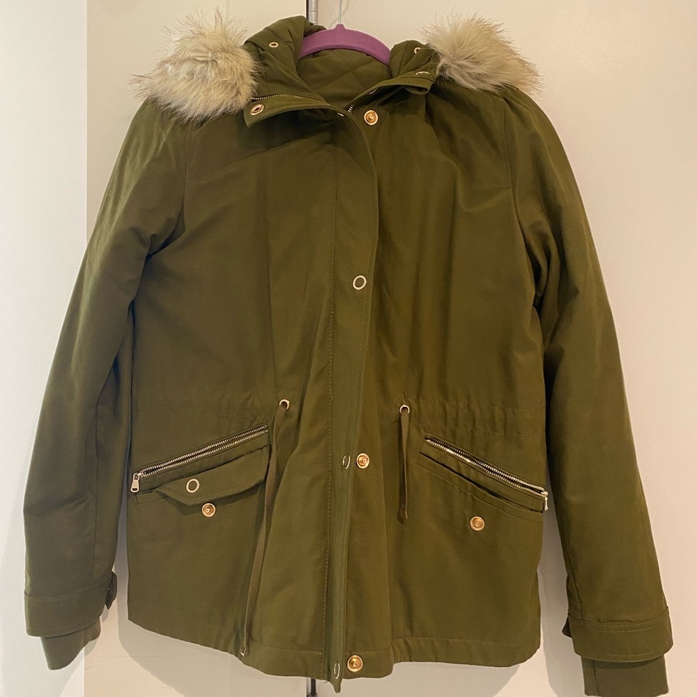 Zara military green puffer jacket with faux fur hood
